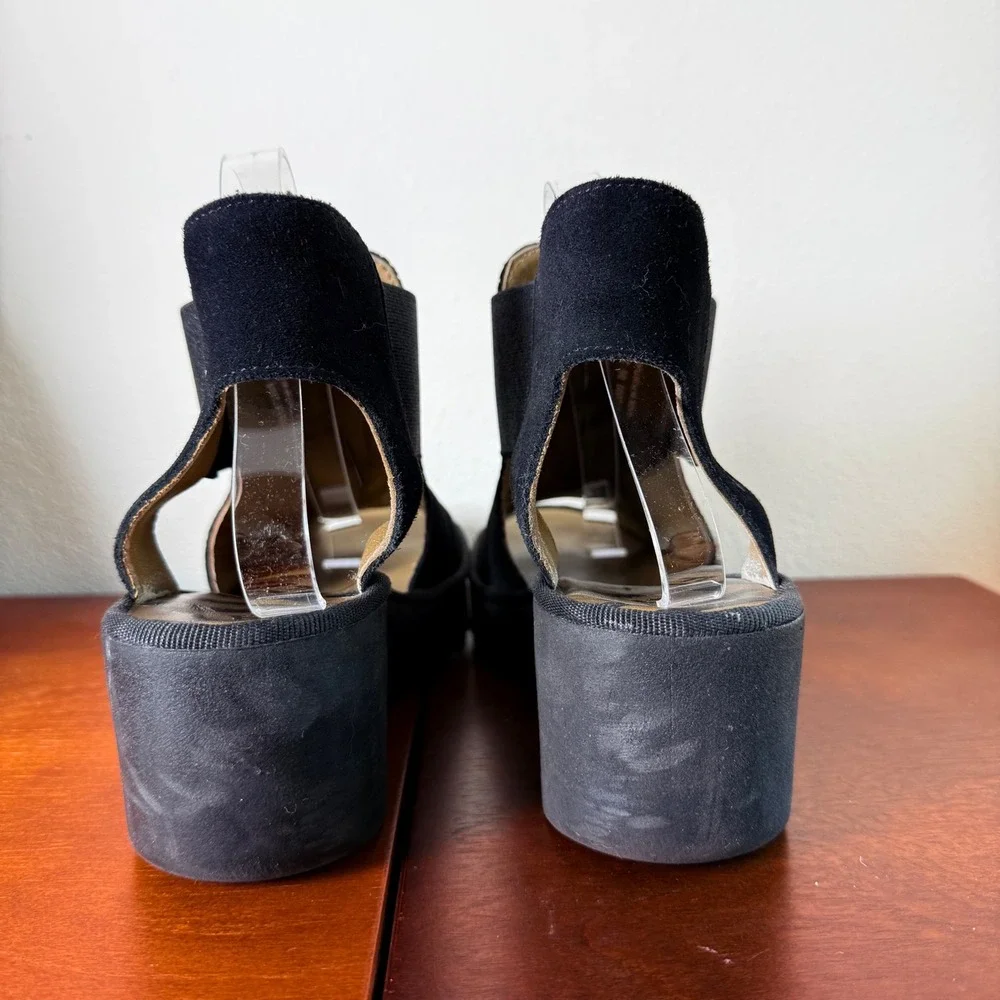 Fly London Wedge Sandals Women 40 (9) Black Suede Perforated Peep Toe Platform
